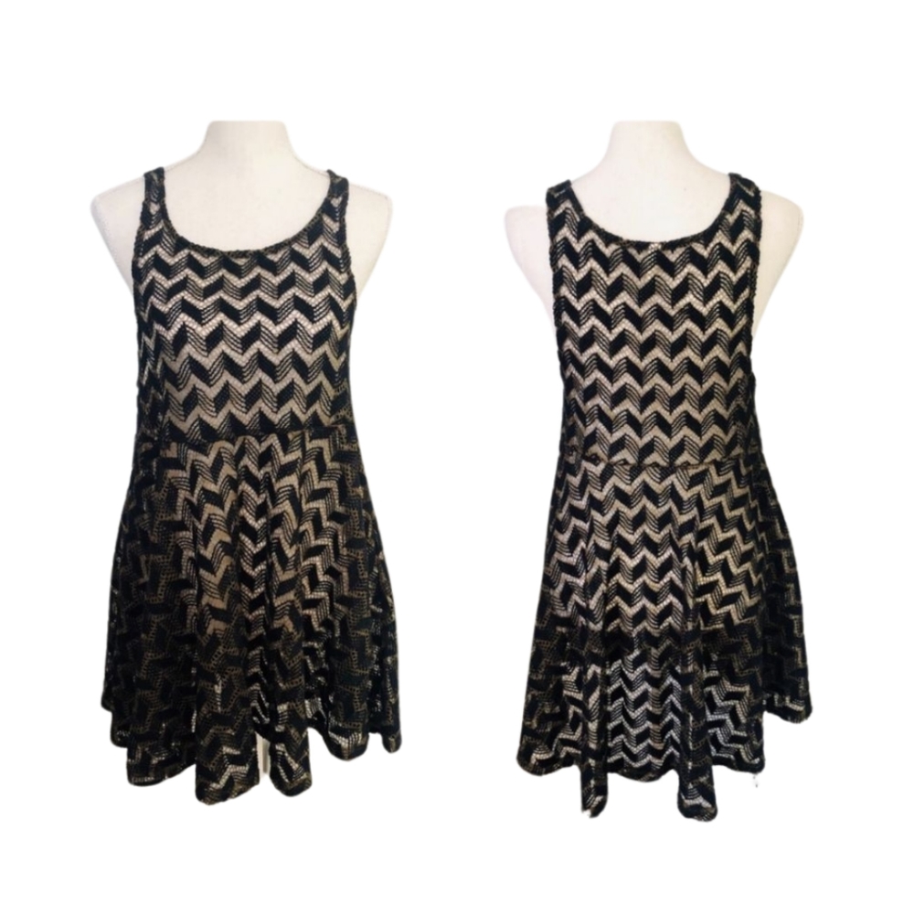 Free People Black and Cream Chevron Crochet Mini Dress